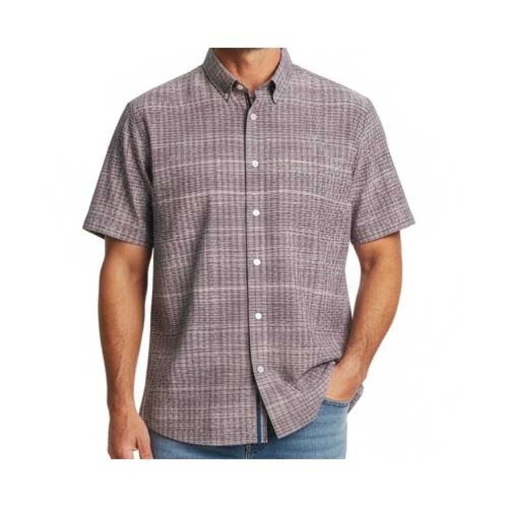 PERRY ELLIS Shirt Mens Sz XXL Purple Blue Beige Striped Button Down Short Sleeve